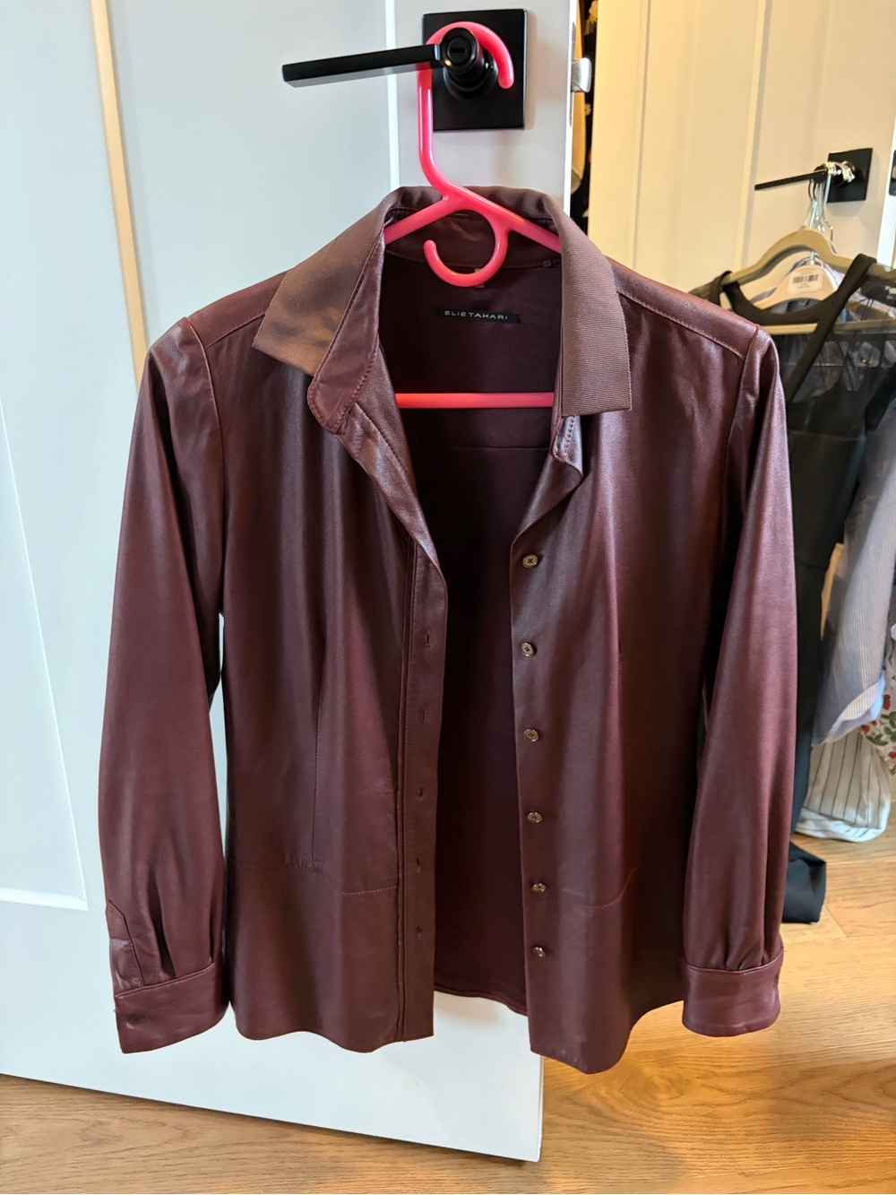 Elie Tahari Burgundy Womenโs Leather Shirt